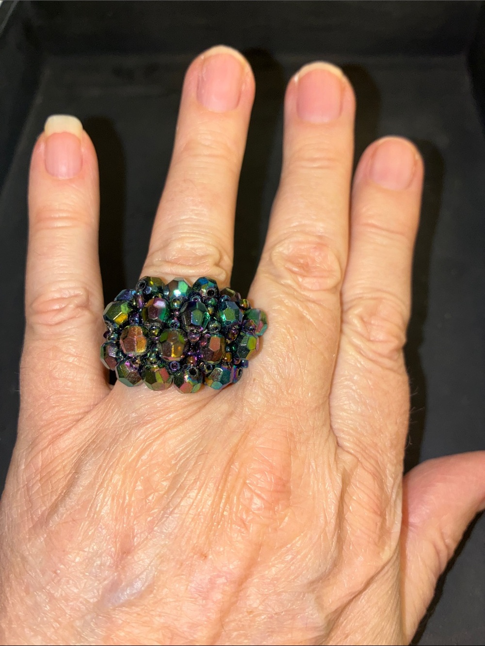 Iridescent Beaded Cluster Statement Stretch Ring
